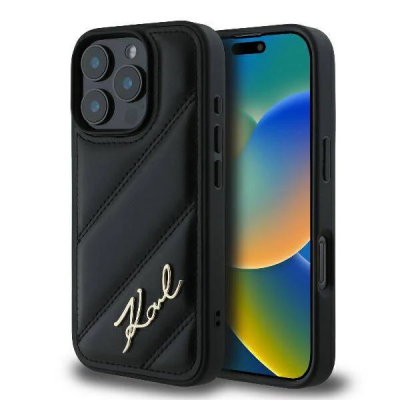 iPhone 16 Pro Karl Lagerfeld - K-Signature Gewatteerd Hoesje met metalen LOGO - Zwart 