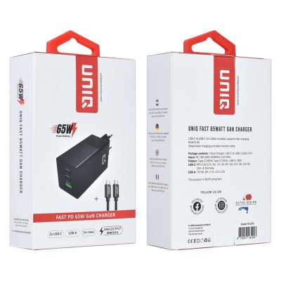 UniQ Home/Travel Gan 65W PD technologie Lader + Type C To Type C Kabel 