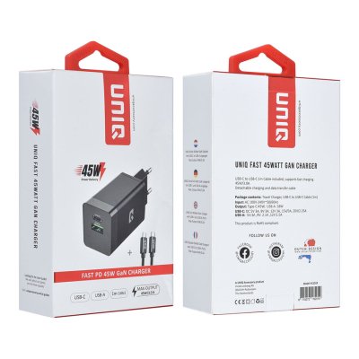 UniQ Home/Travel Gan Technologie 45W PD Lader + Type C To Type C Kabel